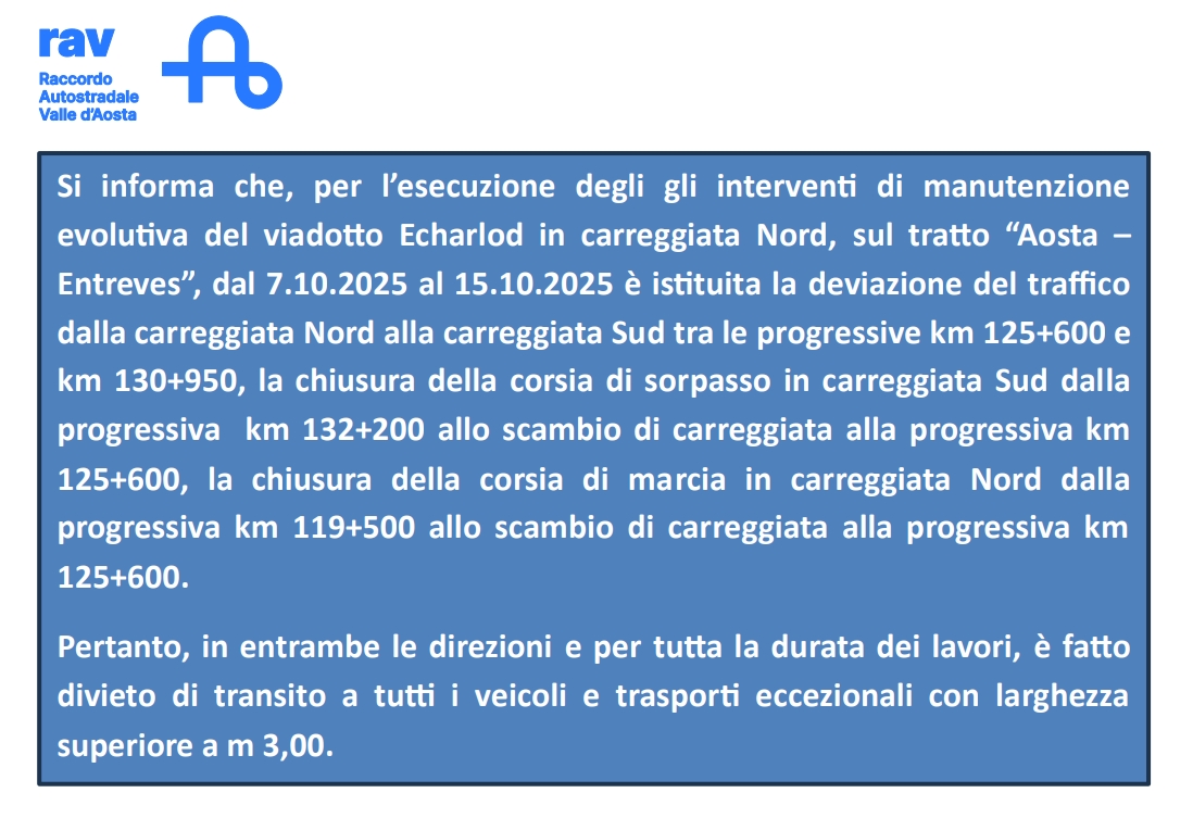 Tratto “Aosta – Entreves” carreggiata Nord – Deviazione del traffico dal 7.10.2025 al 15.10.2025